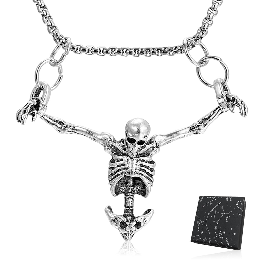 GUSTAVE Punk Alloy Necklace featuring Skeleton Pendant and Spine Link Chain for Men Women