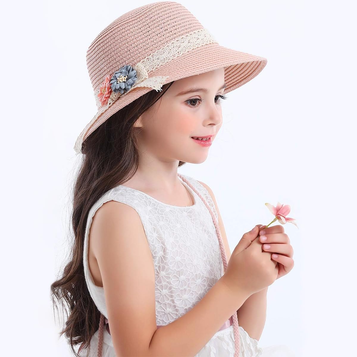 SNOWIE SOFT® Straw Hat for Kids Hat for Girls Summer Sun Hat with Mini Shoulder Bag Combo, Toddler Wide Brim Straw Girls Cap Floral Lace Bowknot Beach Hat for Girls Birthday Gift for 4-5 Years (Pink)