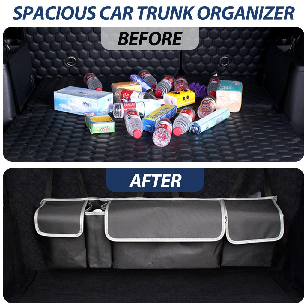 STHIRA Car Trunk Organizer for SUV and Truck with Adjustable Straps and 4 Pockets | 90x12x25cm Waterproof Oxford Cloth Collapsible Storage