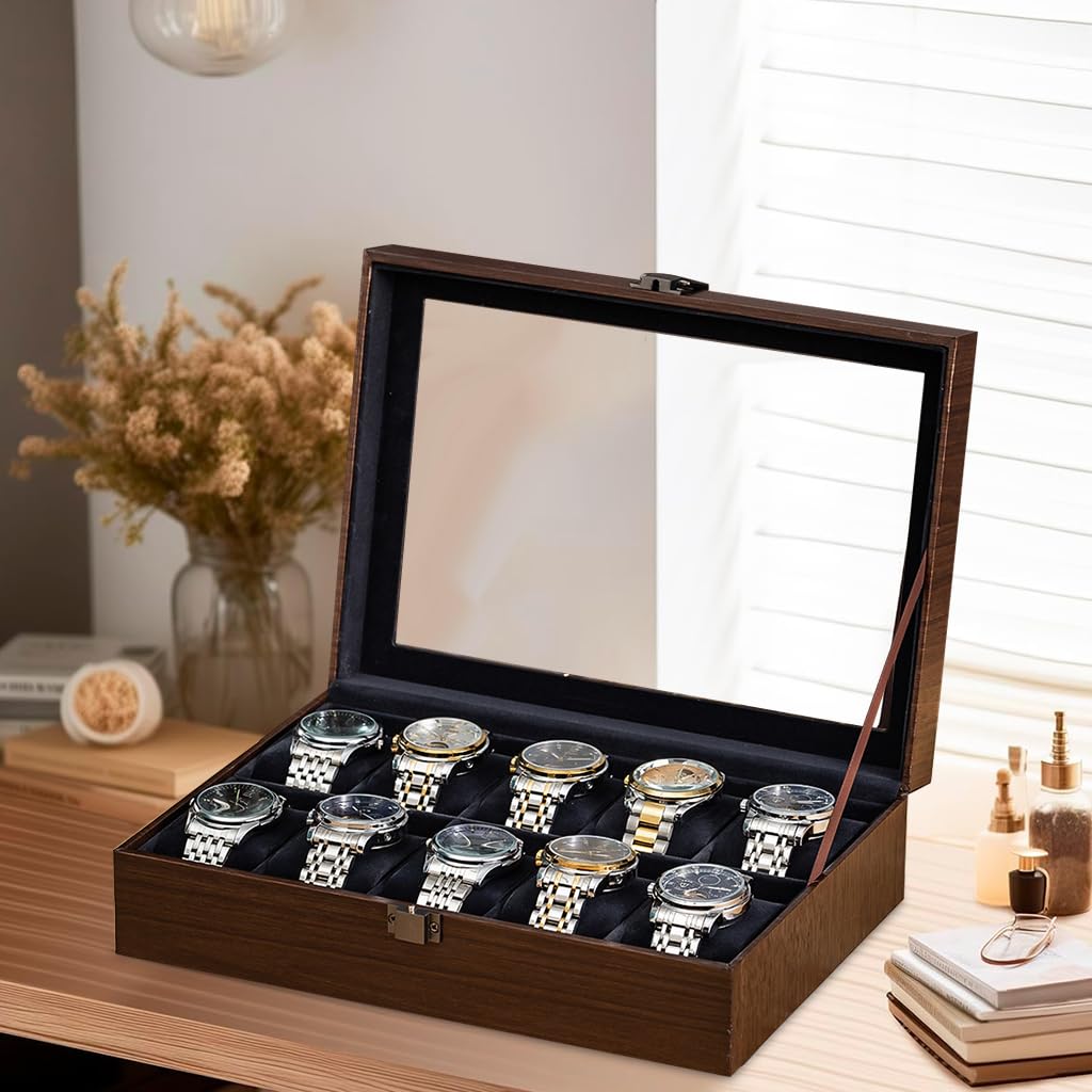 SANNIDHI Wrist Watch Organizer Box for 10 Watches with Clear Window and Velvet Liner | Wooden Display Holder 28.3x20.2x7.7cm