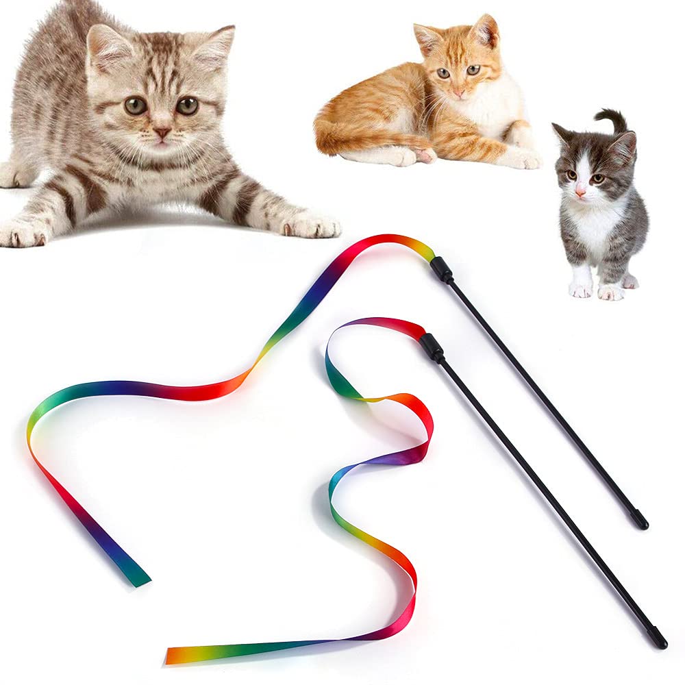 Qpets  Cat Rainbow Wand Toys Interactive Cat Toy Colorful Ribbon Charmer for Kittens Cat Games and Toys Cat Playing Toys for Cat Pet- 2 PCS