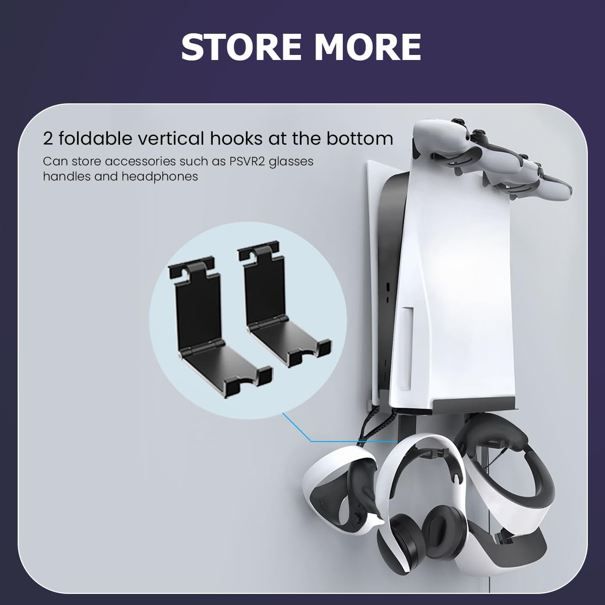 Wall Mounted Storage Bracket for PS5 Console with Screw Set and Metal Hooks | Space Saving Organizer for Controller and Headset