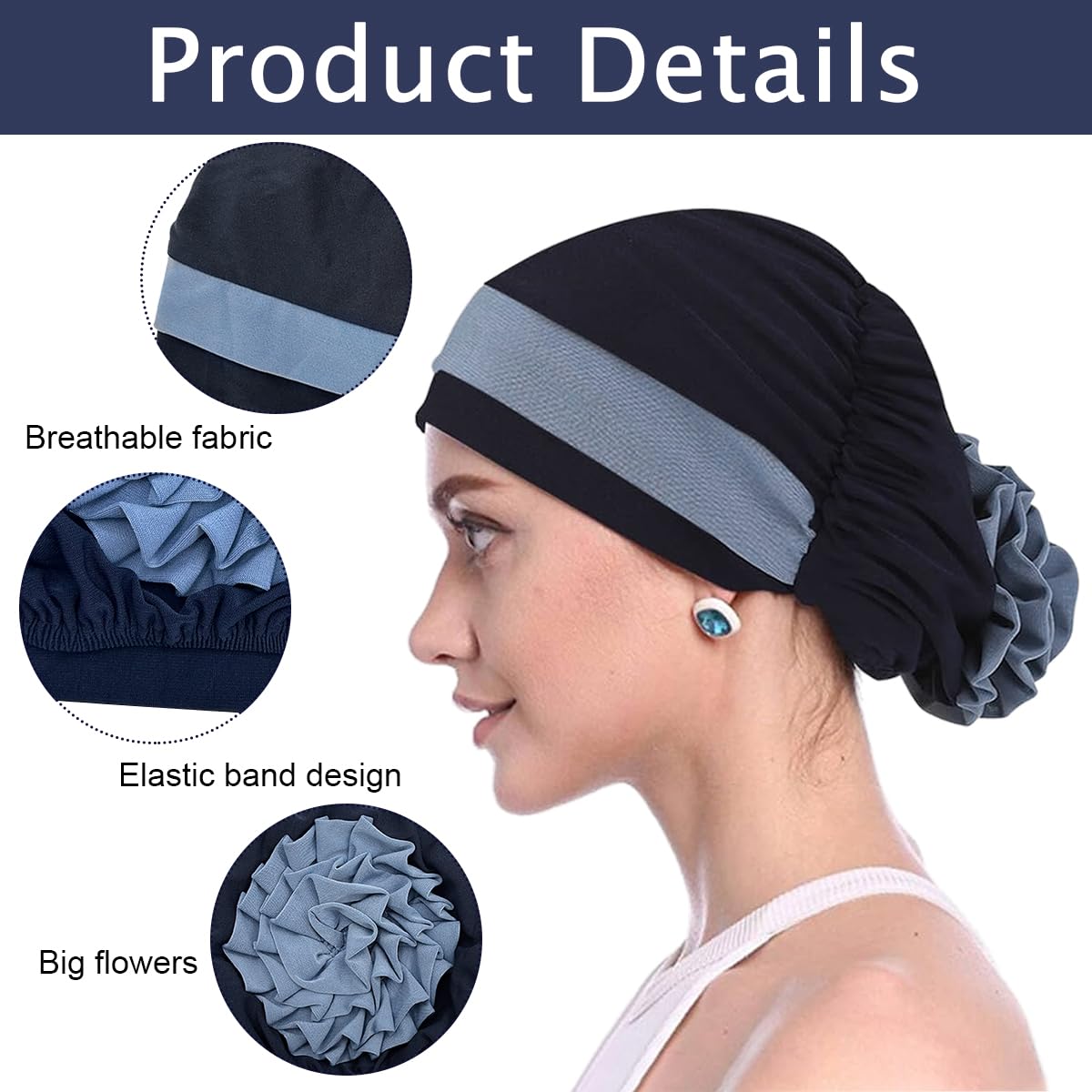 SANNIDHI Chemo Caps for Women with Elastic Fit 22–23 in featuring Floral Detail | Navy Blue Turban