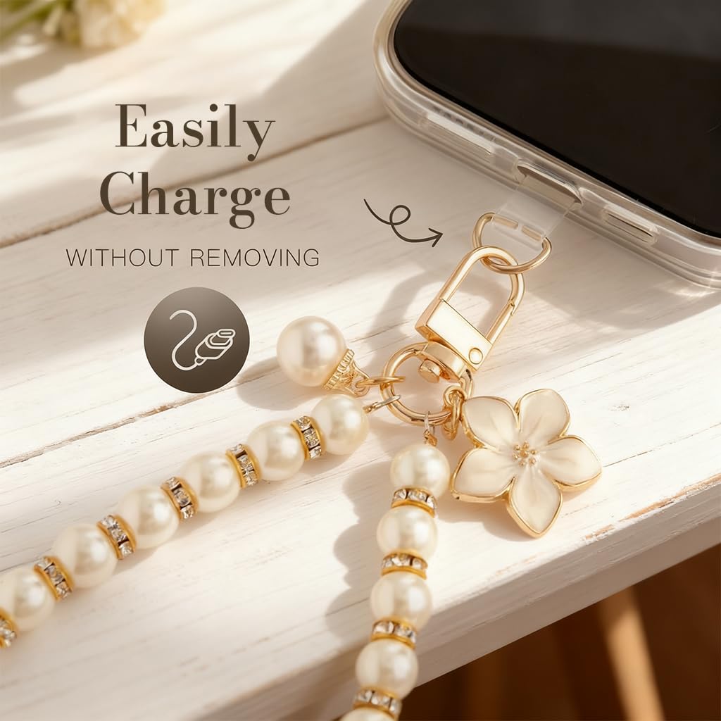 ZORBES Fashion Faux Pearl Phone Chain with Rhinestones and Golden Swivel Buckle for Women
