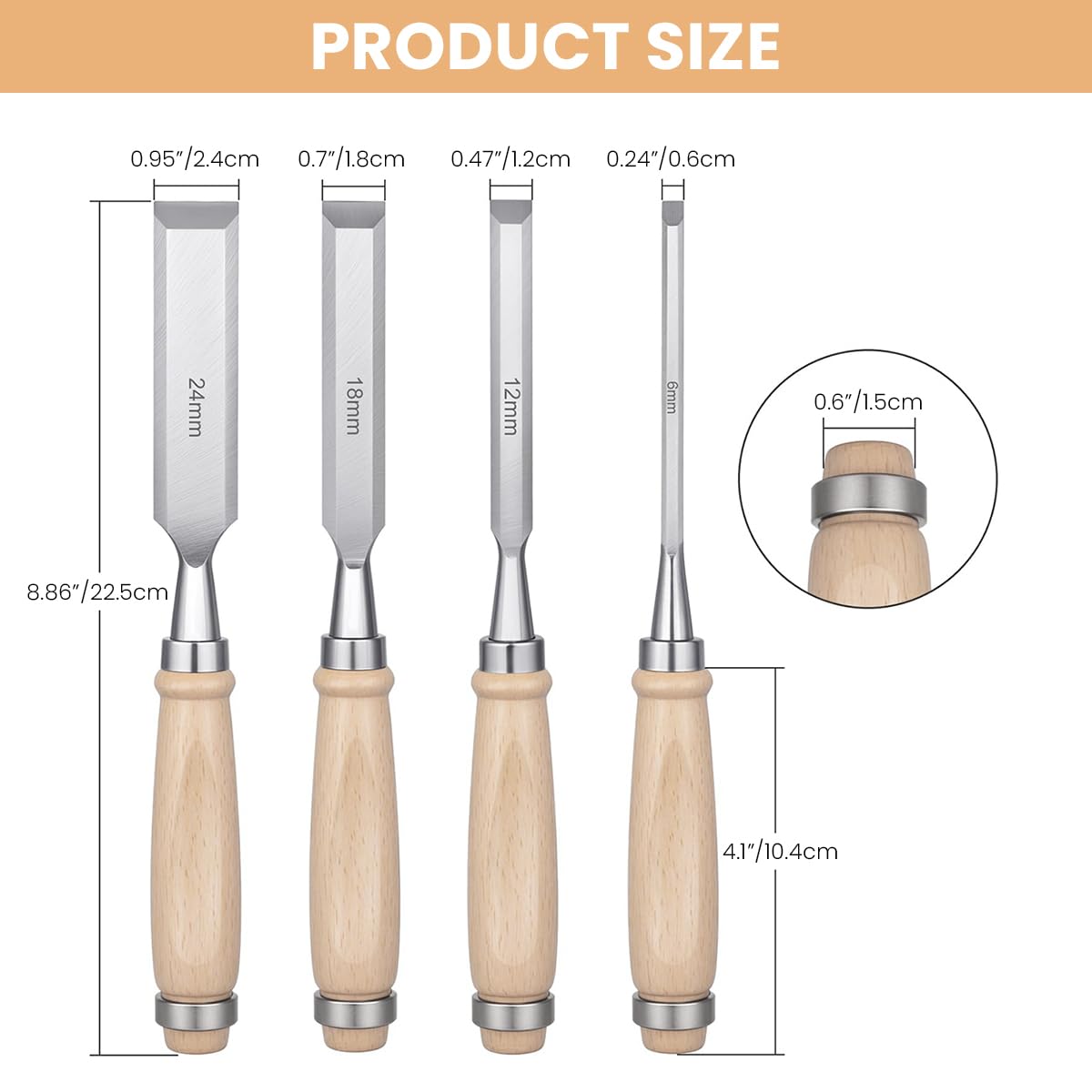 Serplex Wood Craft Chisel Set for Trimming and Shaping with Wooden Handles | 4 Sizes 6mm 12mm 18mm 24mm Chrome Vanadium Steel