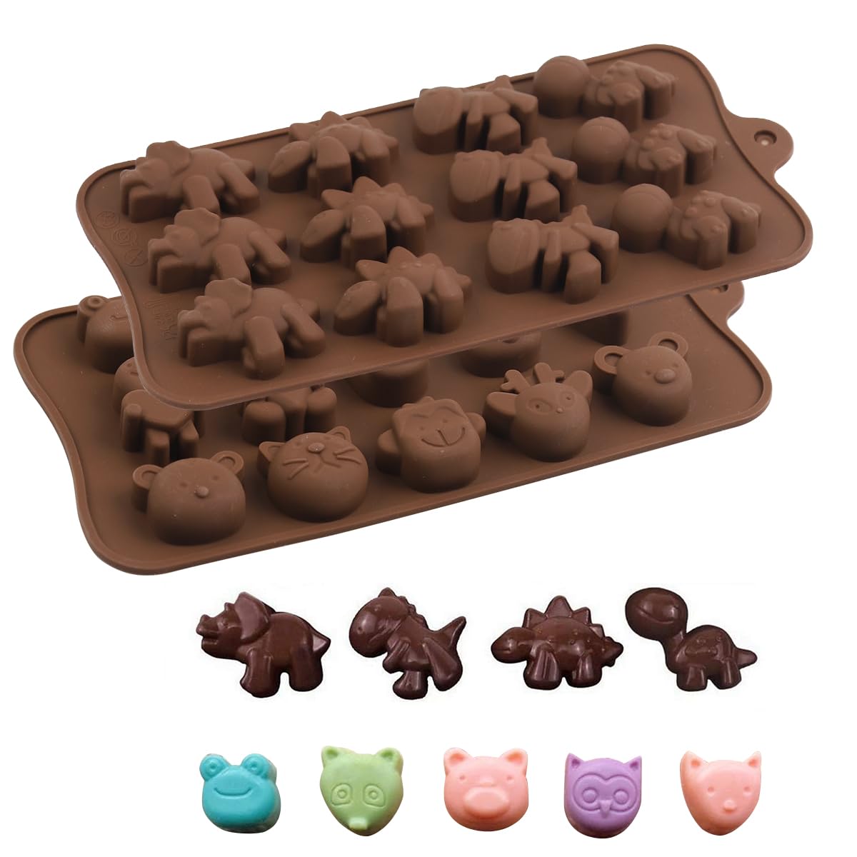 HASTHIP® 2Pcs 12-Cavity Dinosaur Animal Chocolate Mold, Set of 2PCS Non Stick Reusable Silicone Dinosaur Animal Mold for DIY Candy Chocolate Jelly Cookie, Ice Cube Tray Mould