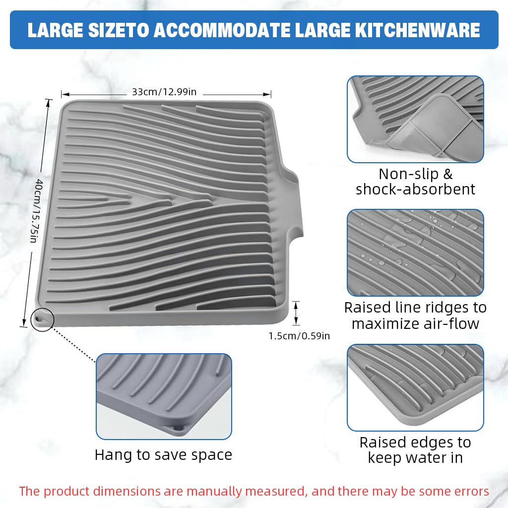 Supvox Dish Drying Mat for Kitchen 17.3 x 13 in featuring Built in Drain Lip Silicone | 2 PCS Grey