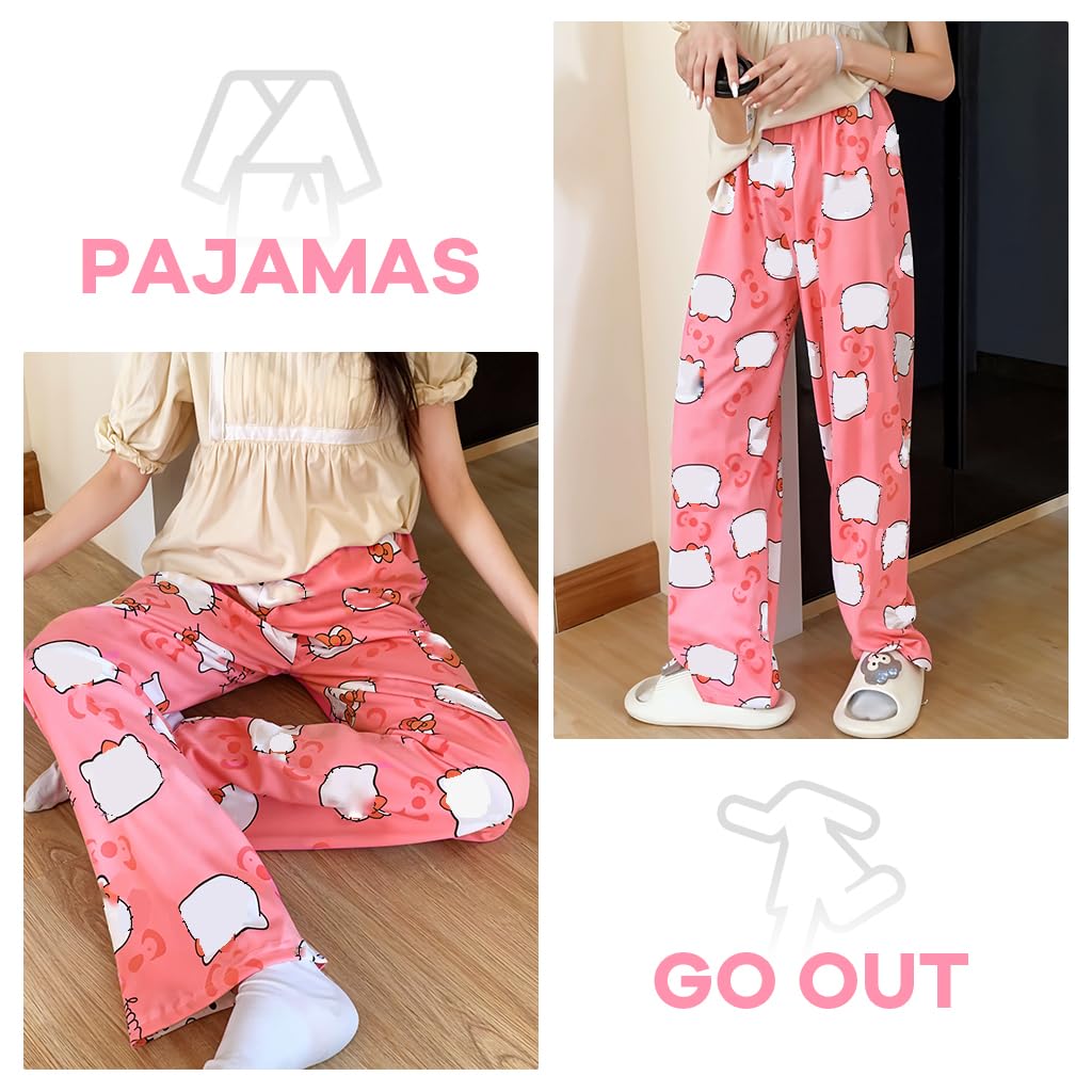 SANNIDHI Pyjama Pants for Women featuring Cartoon Kawaii Cat Print and Elastic Waistband | Soft Breathable Polyester Lounge Bottoms for Summer Comfort