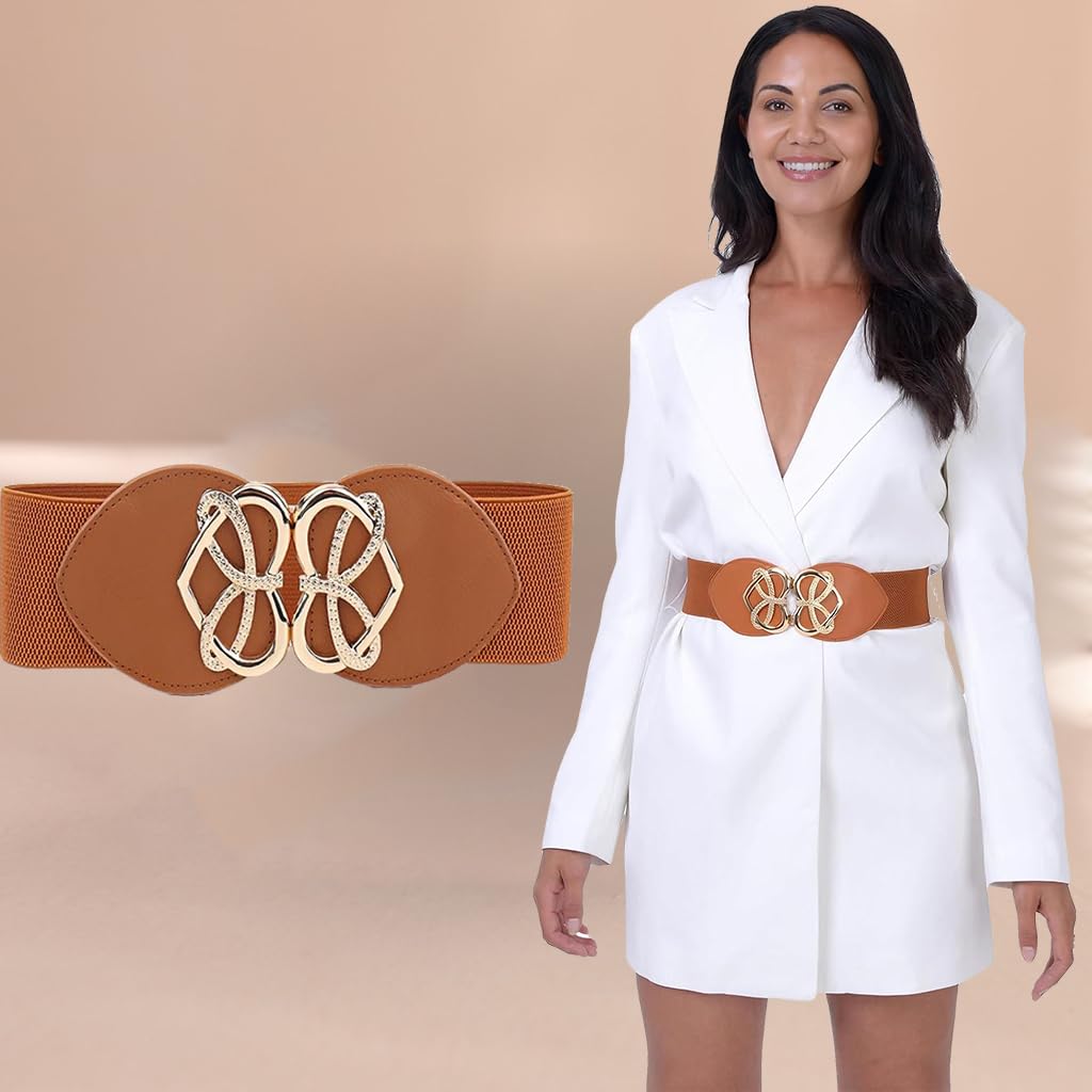 Zibuyu Heart Shaped Wide Elastic Waist Belt for Women with Interlocking Buckle and Faux Leather | Vintage Stretch Accessory for Dresses