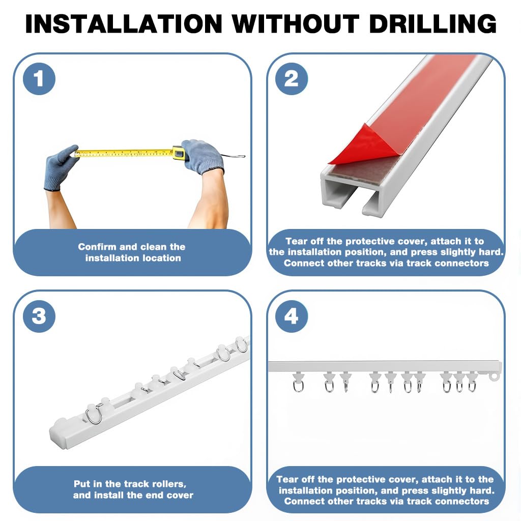 HASTHIP Curtain Track Rail for Ceiling with Rollers and Hooks 118 in | White DIY Kit