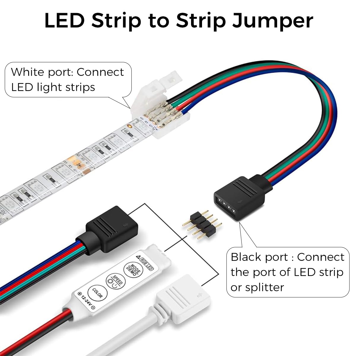Verilux LED Strip Light Connectors Kit for 10mm 4 Pin 5050 RGB Lights with Solderless Adapter