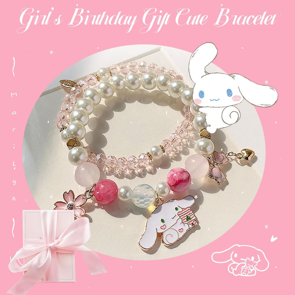 Venzina® Pearl Crystal Bracelet for Girls Kids, Cute Cinnamoroll Crystal Bead Bracelet for Kids Girls, 2-Layer Cartoon Elastic Bracelet Jewelry for Girls Children's Day Gift