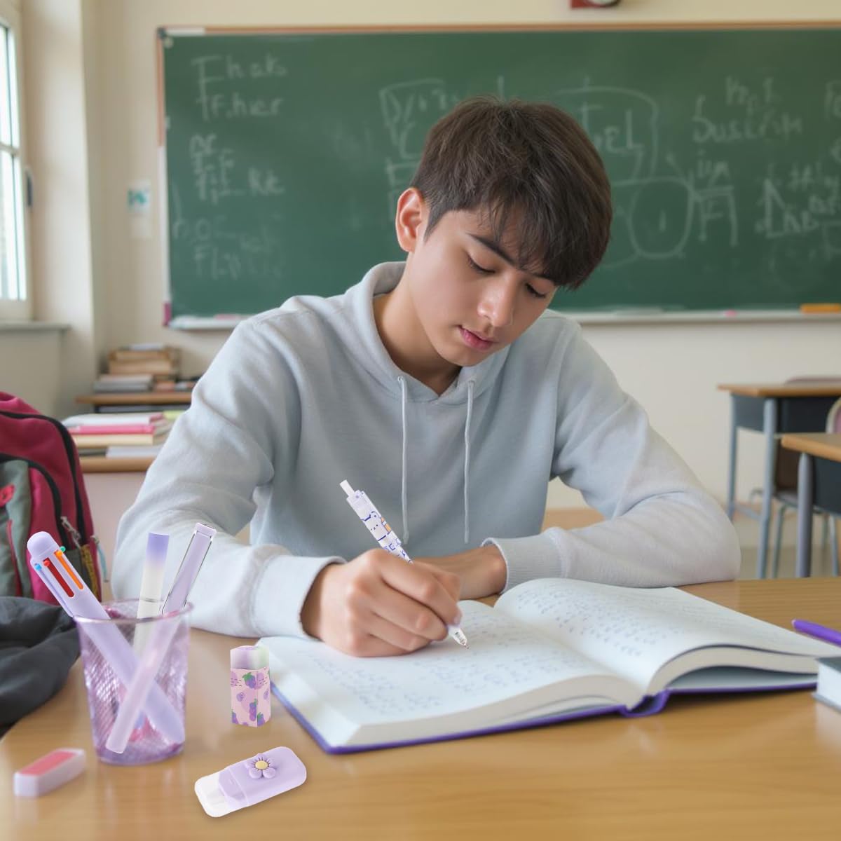 OFIFO Stationery Set for School and Kids with 6 In 1 Ballpoint Pen and Kawaii Purple Design