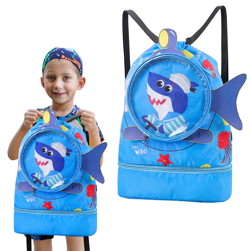 PALAY® Swimming Bag for Kids Cartoonish Print Shoulder Bag for Kids Large Capacity Backpack for Girls Boys Wet Dry Separation Drawstring Bag Beach Bag for Clothes, Swimming Goggles, Shoes, Blue