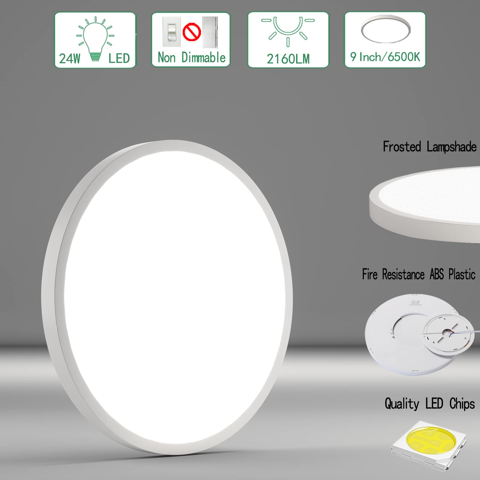 ELEPHANTBOAT LED Ceiling Light for Living Room with 9 inch Ultra Thin Design and 24W Bright 6500K White | Fireproof PC Housing