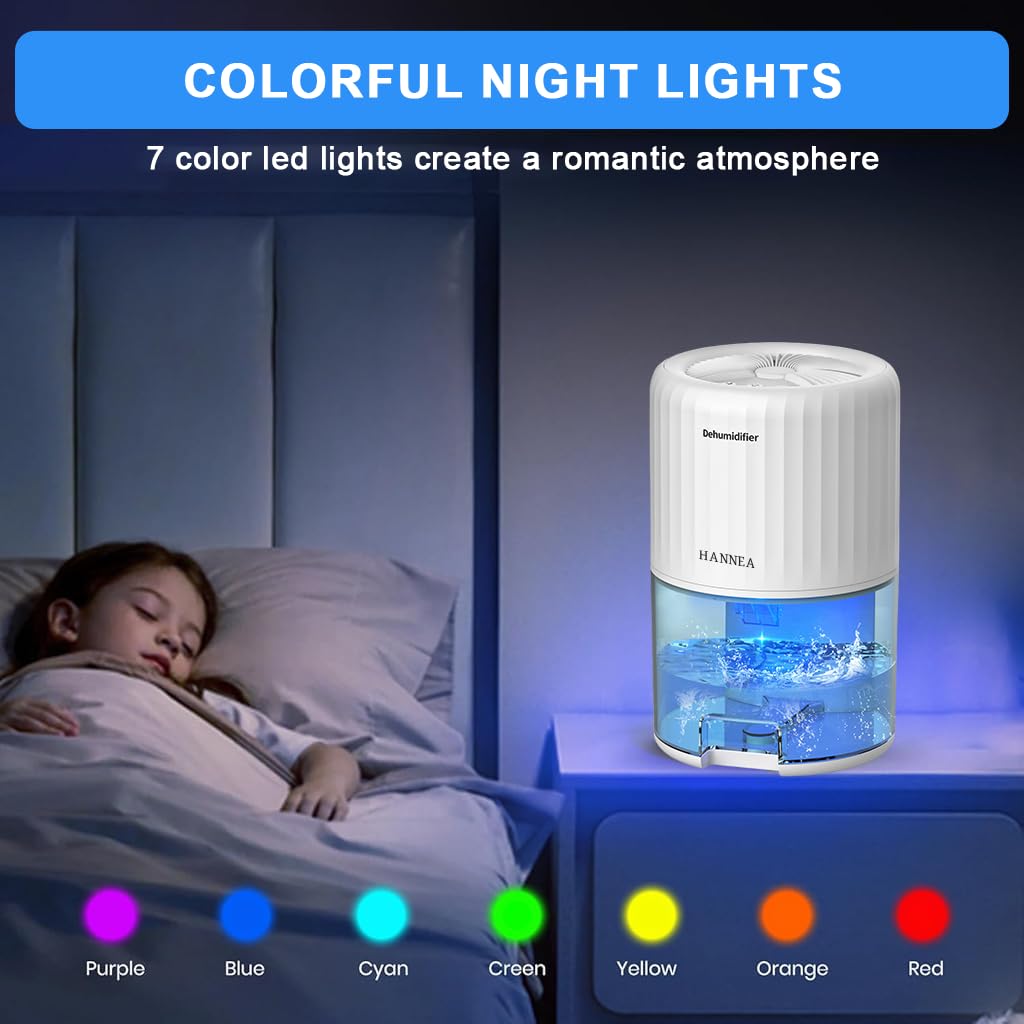 HANNEA Dehumidifier for Home with 2L Water Tank and Ultra Quiet Sleep Mode | White LED Model
