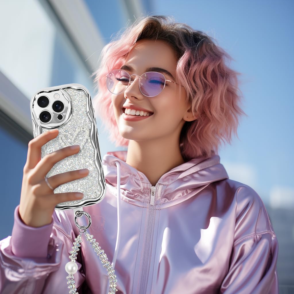ZORBES iPhone 16 Pro Case with Silver Glitters and Beaded Lanyard | Shockproof Cover for Girls
