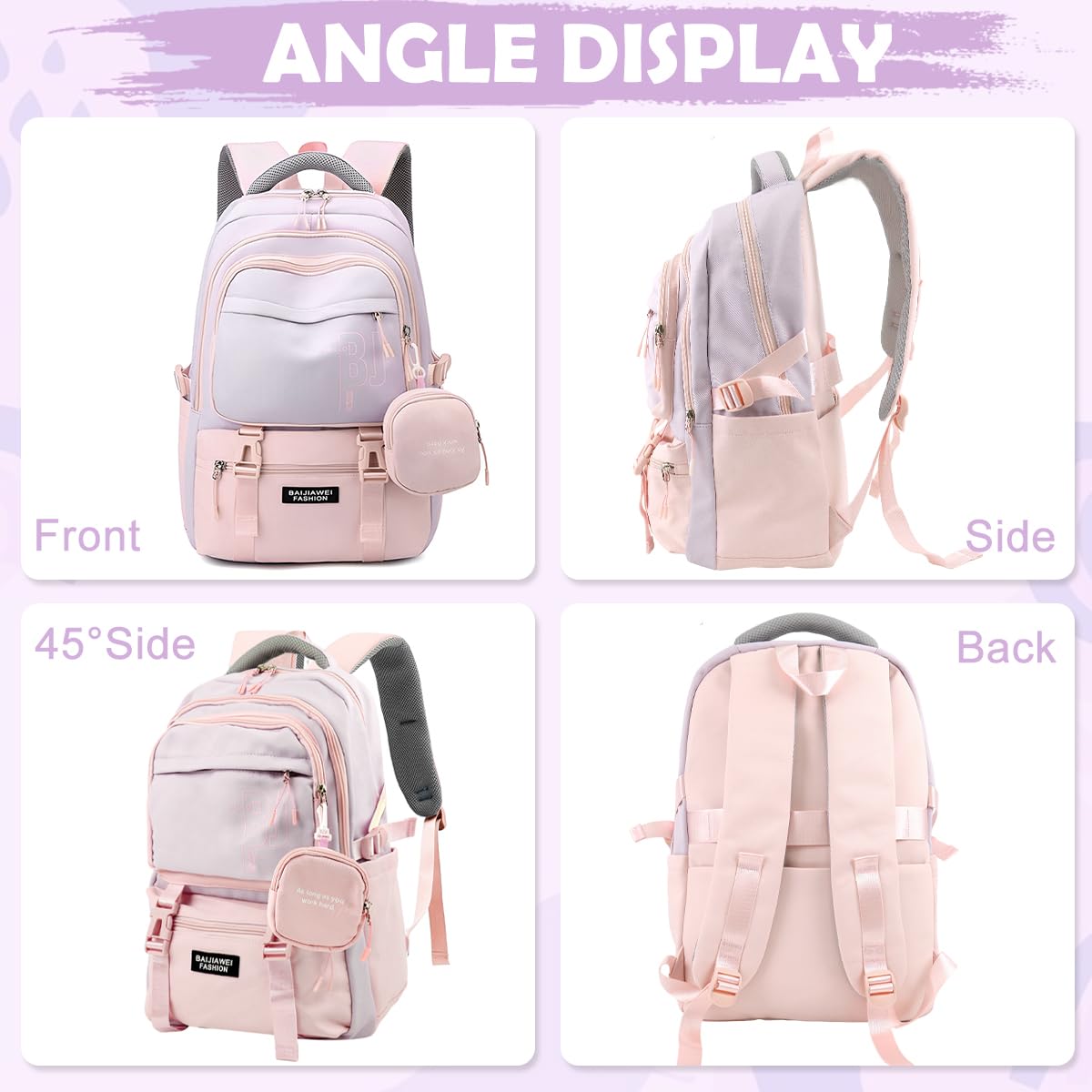 PALAY Girls Backpack for School and Travel with Padded Straps & Multi Compartments | Pink Nylon 3 PCS Set