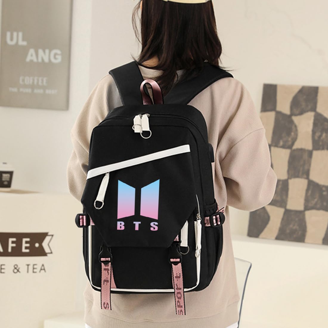PALAY BTS Backpack for School and Travel with USB Charging Port 32×15×45cm Black for Kids