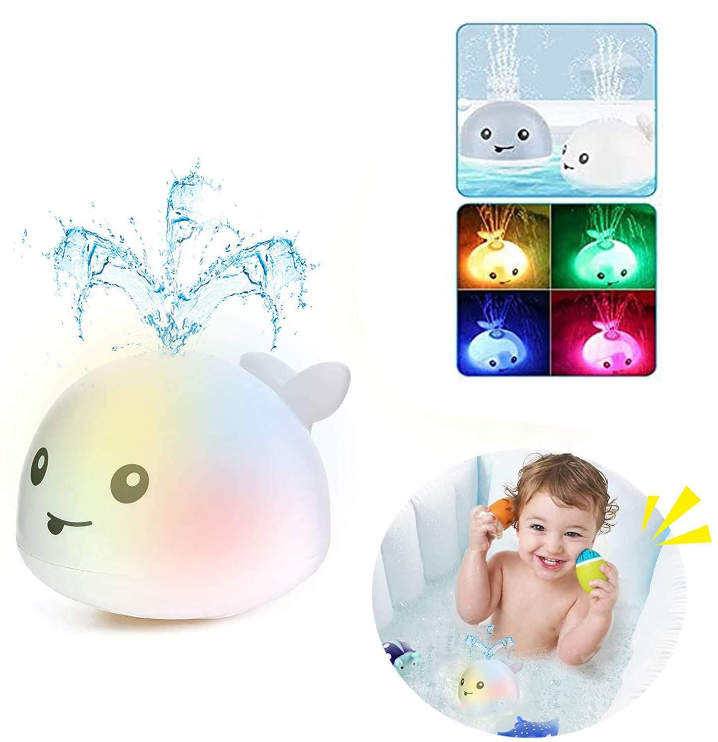 PATPAT  Baby Bath Toys, Whale Spray Toy Whale Induction Spray Water Toy with LED Light Up Sprinkler Toy for Kids Toddler Infant 0-6 Months,1,2,3,5 Years Bathtime Gift - White