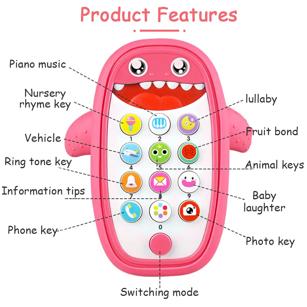 PATPAT Cartoon Teether Shark Toy Phone for Babies with 12 Sound Buttons and Glow Light | Food Grade Silicone Interactive Music Toy
