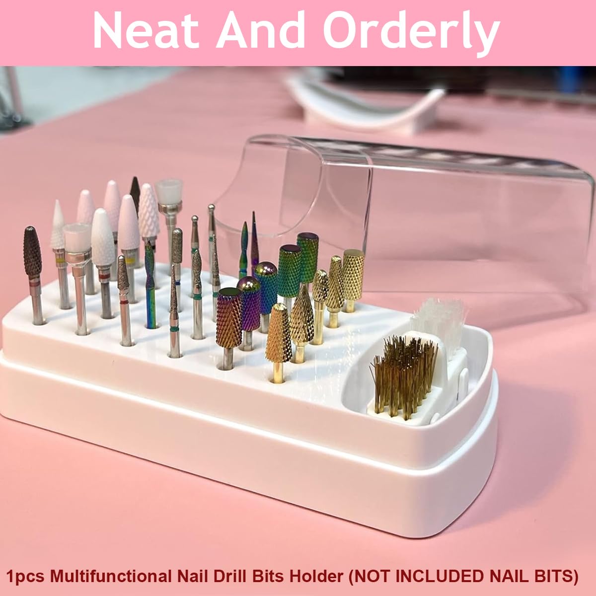 MAYCREATE Nail Drill Bits Organizer with 30 Holes and Dual Integrated Cleaning Brushes | Portable Storage Box for Professional Nail Care