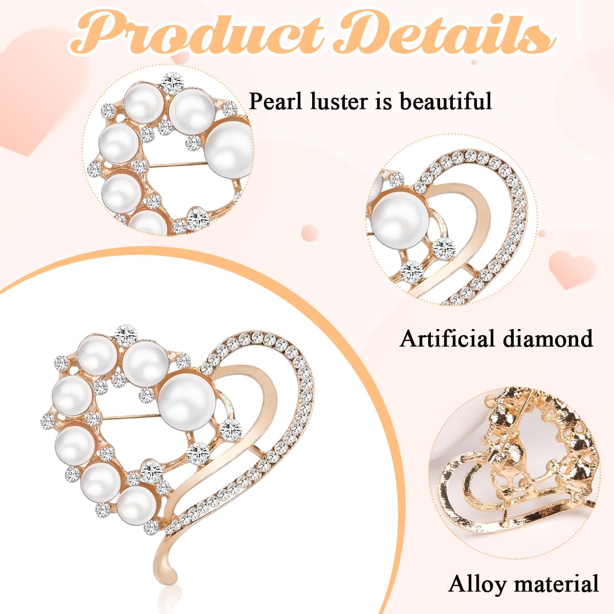 Venzina Pearl Brooch for Women featuring Heart-Shaped Rhinestones 5x4cm Alloy Pin | Elegant Gift