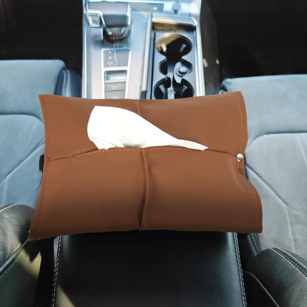 STHIRA Car Tissue Box for Center Console and Headrest featuring Adjustable Elastic Strap | Brown PU Leather Accessory