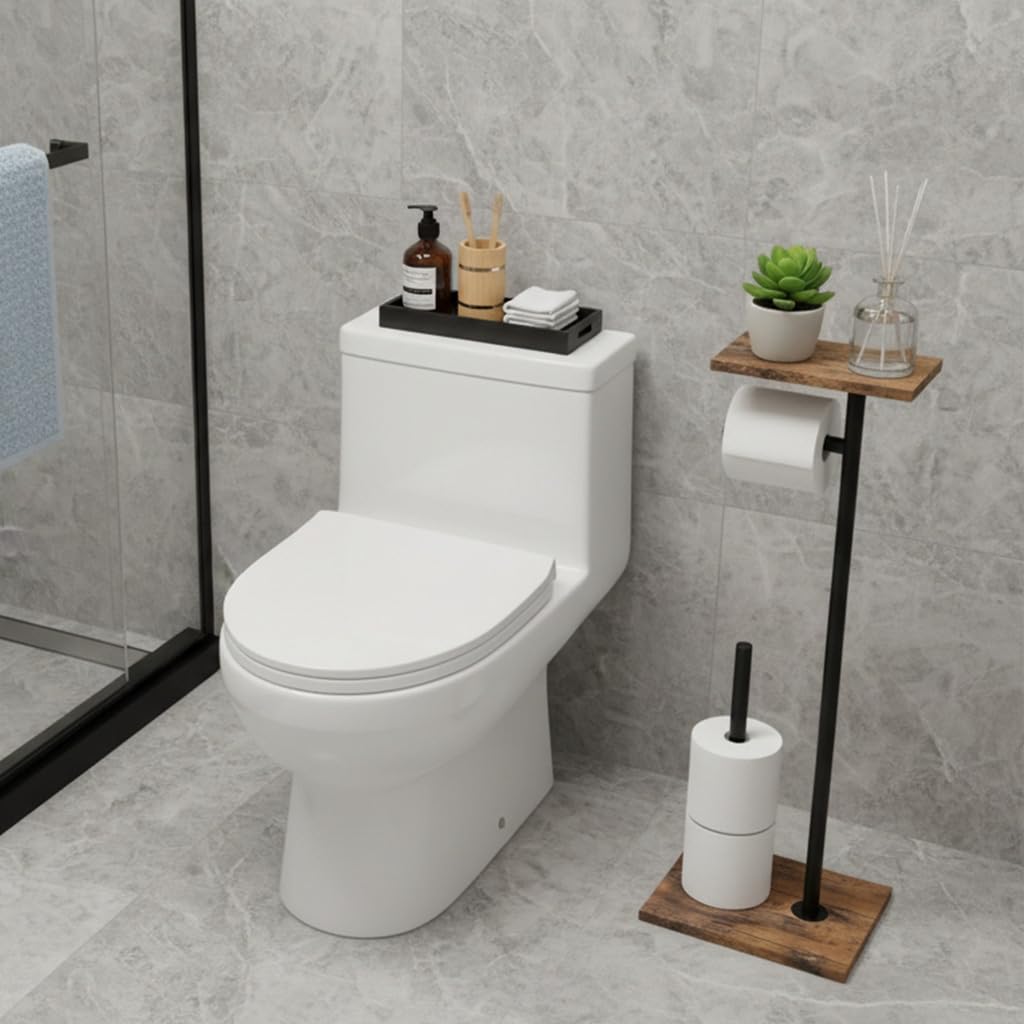 HASTHIP Toilet Paper Roll Holder for Bathroom with Top Storage Shelf 20x24x65cm | Wood and Metal Free Standing Organizer