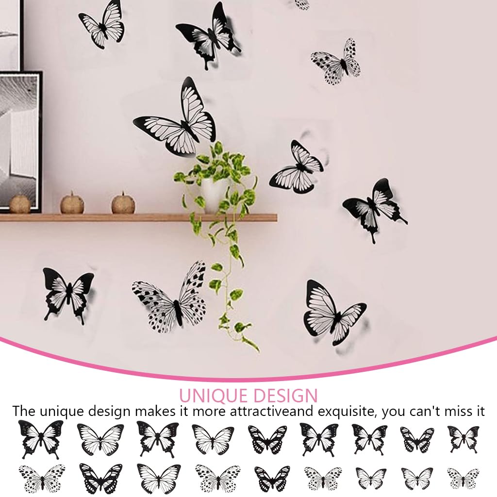 HASTHIP® 36Pcs 3D Butterfly Wall Stickers Decor Removable Butterfly Stickers PVC Black and White Butterfly Decals DIY Decorative Wall Art Crafts for Baby Room Home Decor Refrigerator Decoration