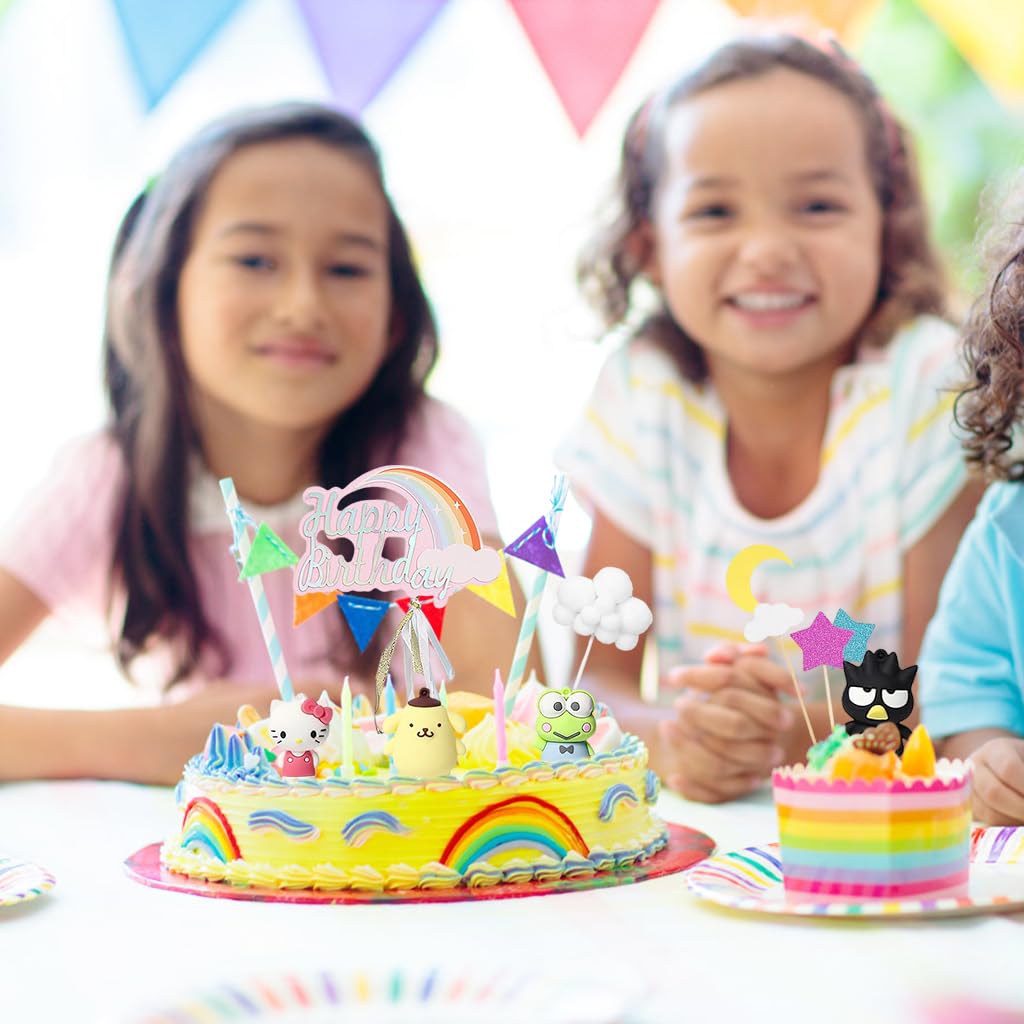 HASTHIP Cake Toppers Set 18Pcs for Birthday and Shower Parties featuring Silicone Characters and Rainbow Balloons