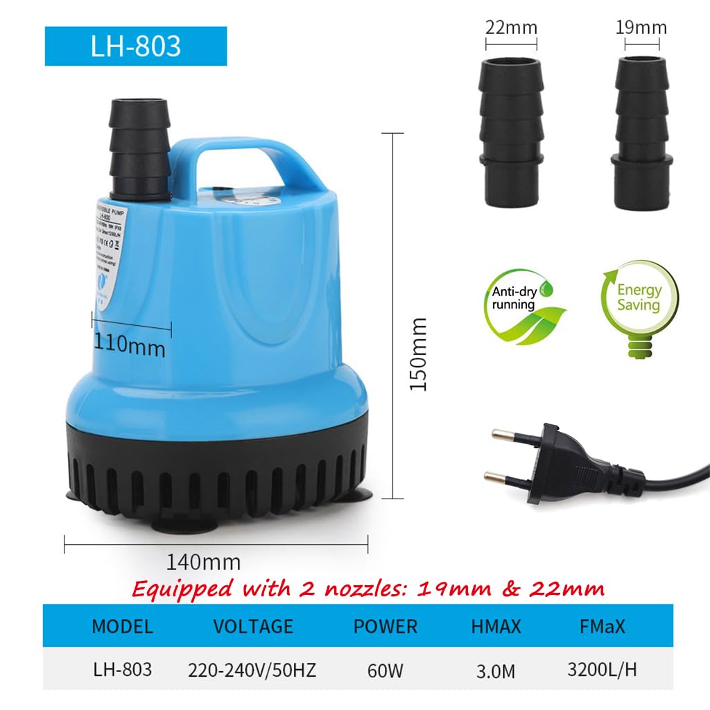 Qpets Submersible Water Pump for Aquarium and Fountain with 60W Motor 3200L/H Flow | Featuring Bottom Suction Cups and Built In Filtration System
