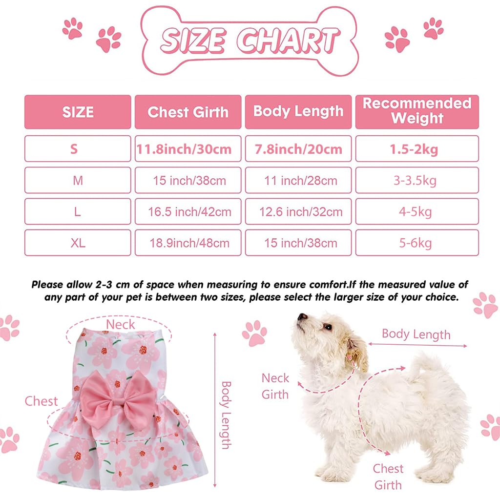 ZIBUYU® Dog Dress for Small Medium Dogs and Cats Cute Floral Print Dog Clothes with Pink Bow Summer Dog Cat Dress Puppy Pet Clothes for Daily, Walking - Size M