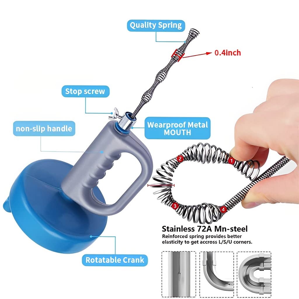 Supvox Pipe Cleaner for Sink and Drain Clogs with 5m Spiral Wire and Ergonomic Crank Handle | Stainless Steel Tool for Kitchen Bathroom and Toilet