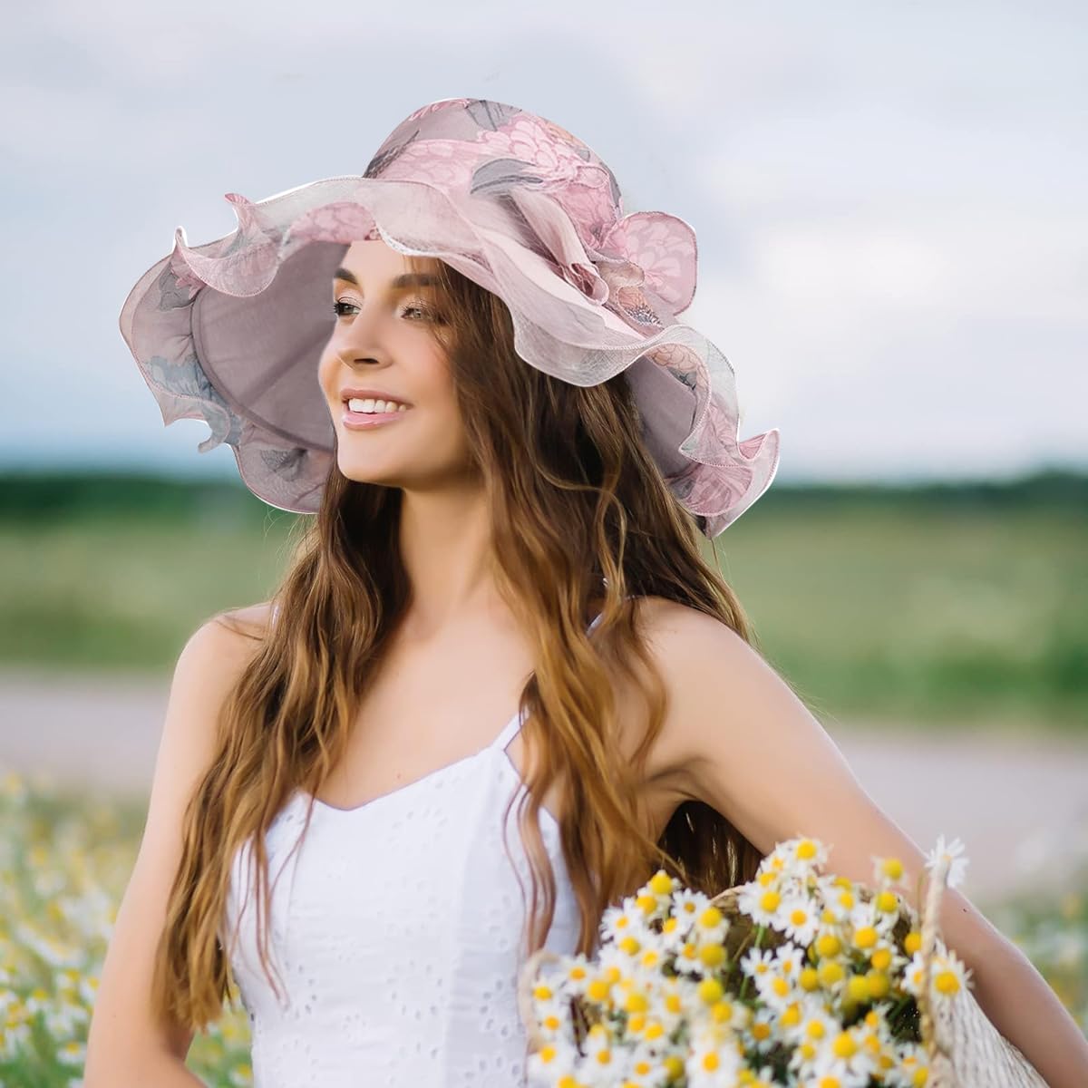 Venzina Large Bucket Hat for Women with Wide Brim featuring Lace Trim and Floral Prints | Lightweight Dacron Summer Sun Protection