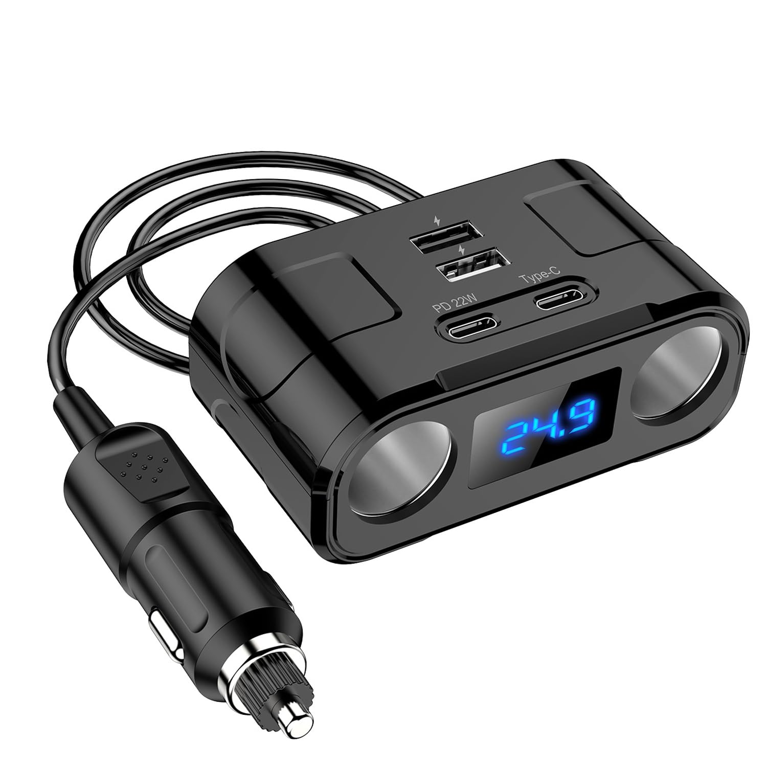 STHIRA® Car Charger, 60W Cigarette Lighter Splitter with PD 22W Type-C, QC USB Ports, 12V/24V Car Charger Car Lighter Adapter with LED Voltage Display Car Charger Fast Charging for GPS Phone