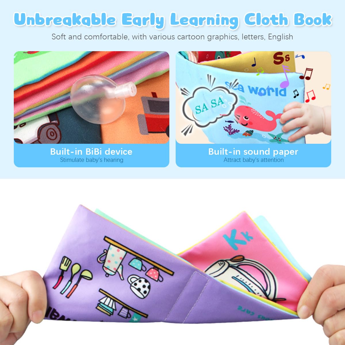 SNOWIE SOFT Baby Cloth Books for Sensory Learning with BB Sound and Sa Sa Paper | 6 Themes 2 PCS