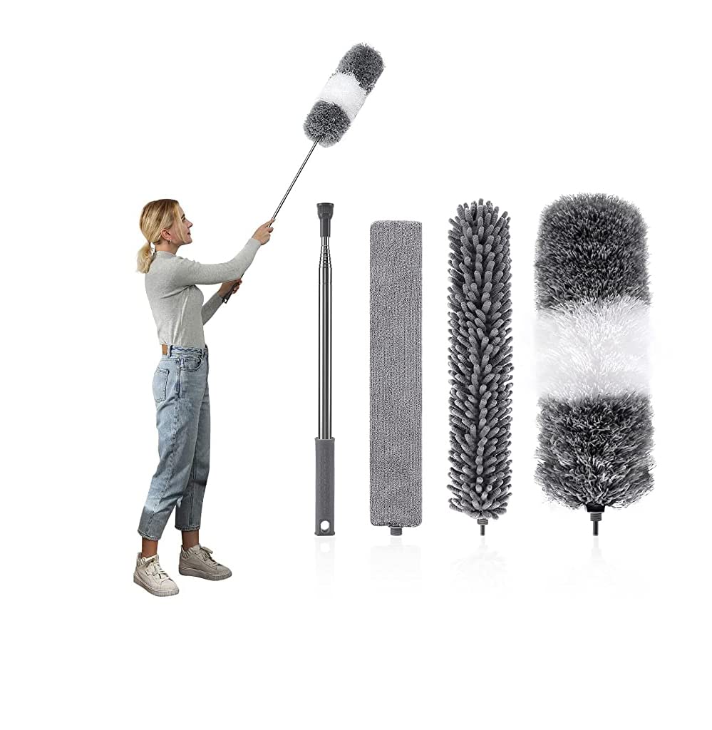 Supvox Microfiber Feather Duster 4PCS, Extendable & Bendable Chenille Dusters with 98 inches Expandable Pole and Crevice Brush, for Cleaning Ceiling Fan, High Ceiling, Blinds, Furniture, Cars