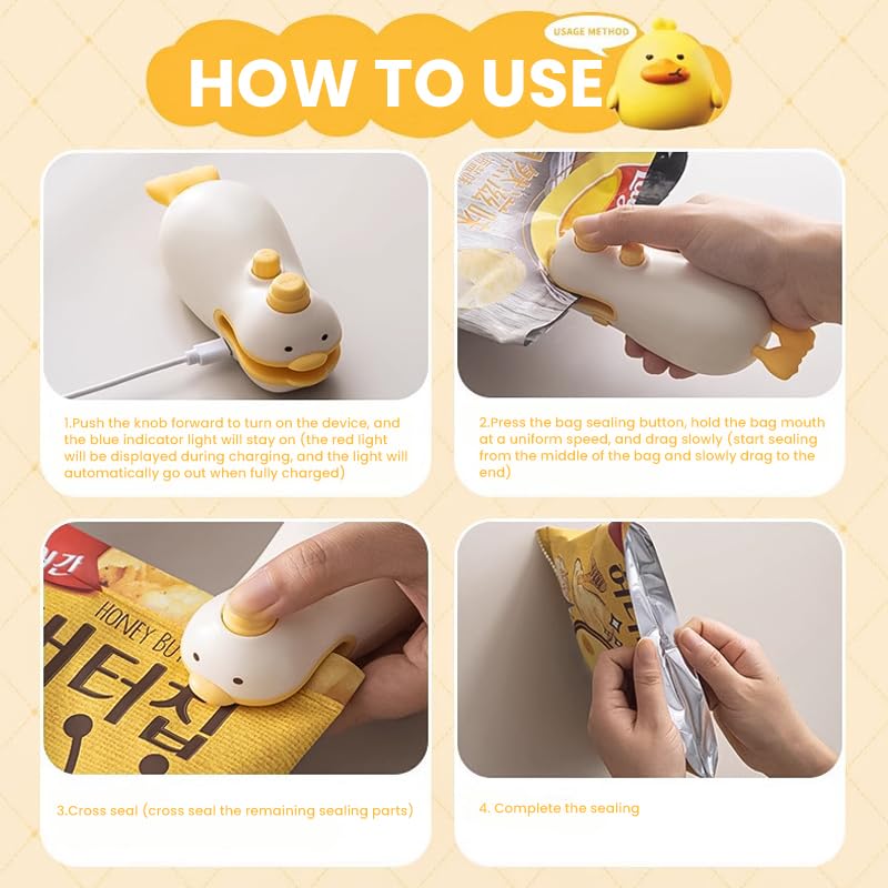 Supvox Sealing Machine for Food Packets with Cute Duck Design and Rechargeable Mini Sealer