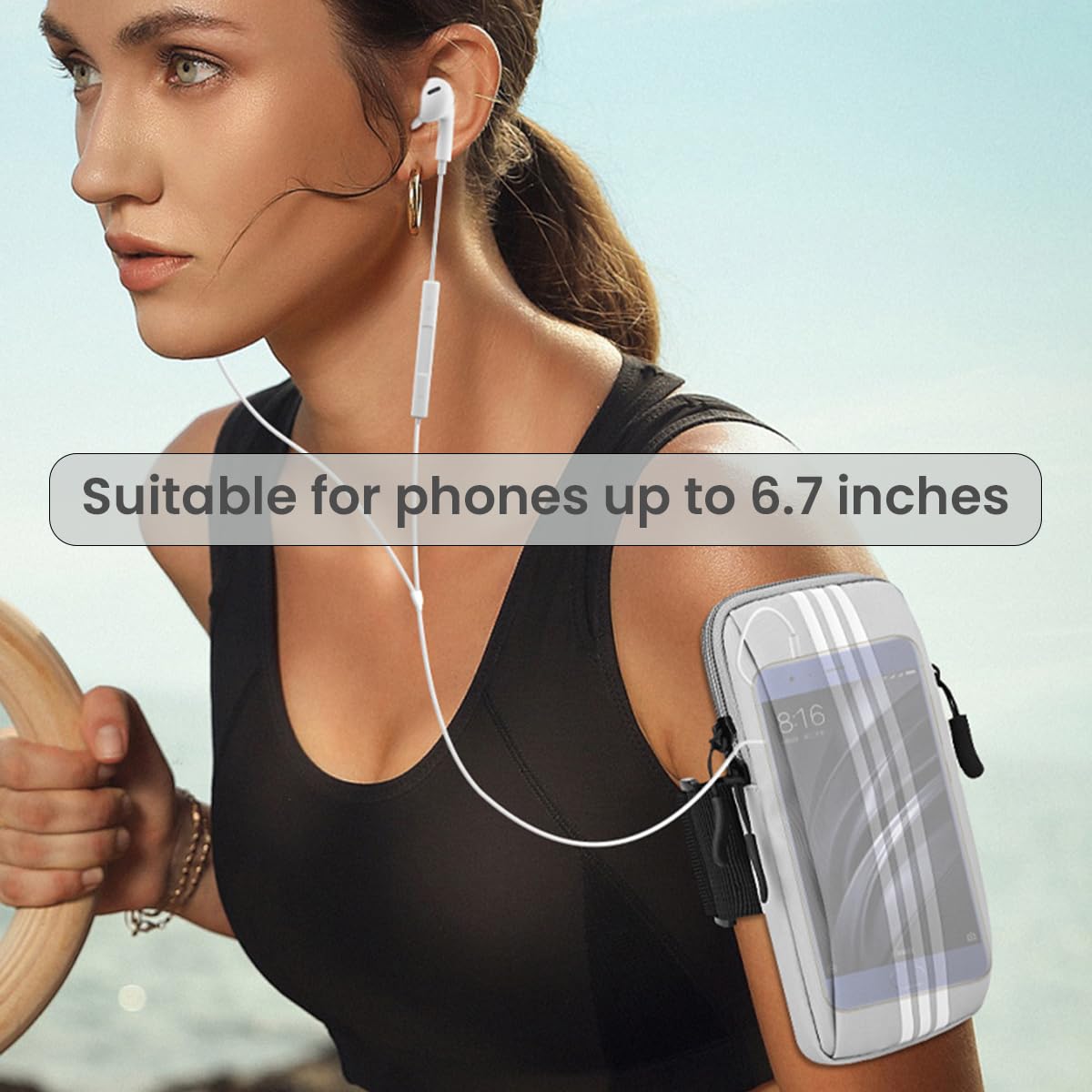 Optifit Waterproof Running Armband Phone Holder for 6.7 in Smartphones with Elastic Strap | Grey Fitness Arm Bag for Men and Women
