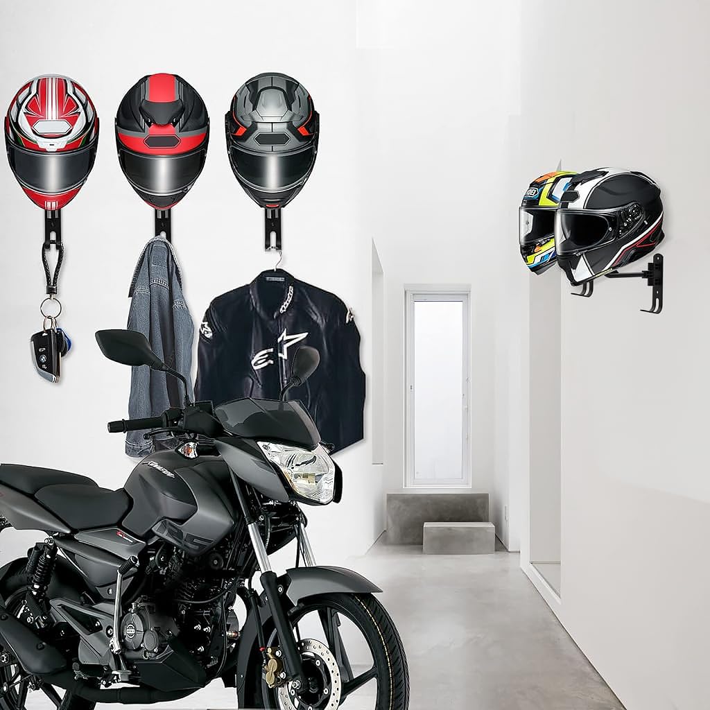 STHIRA Motorcycle Helmet Holder Rack for Wall Mount with 4.73 in Ball and Double Hook | Space Aluminum Rotatable Storage
