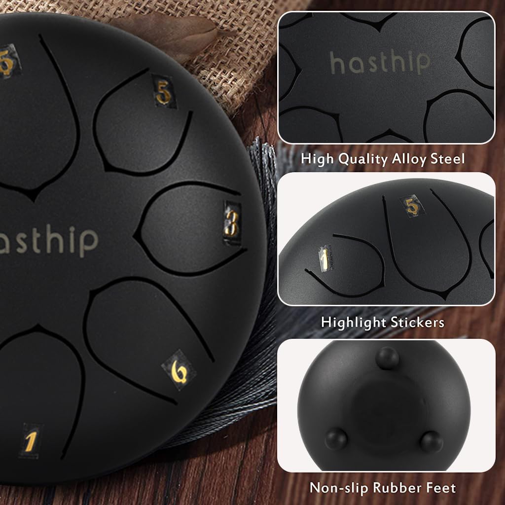 HASTHIP Steel Tongue Drum for Meditation and Yoga featuring 8 Notes 6 inch Titanium Alloy | Black