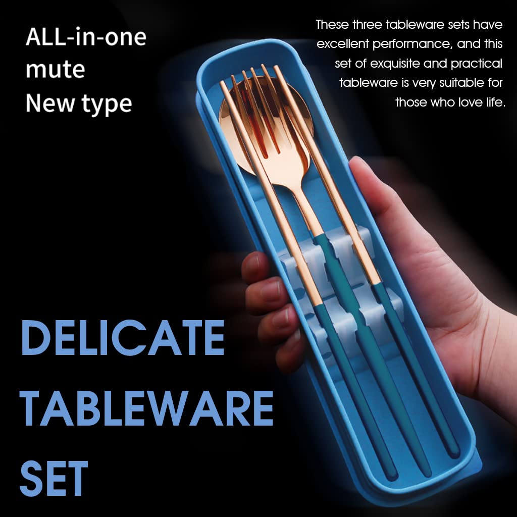 HASTHIP Cutlery Set for Travel and Camping with Case including 3 Pcs Gold Stainless Steel Flatware (Blue)
