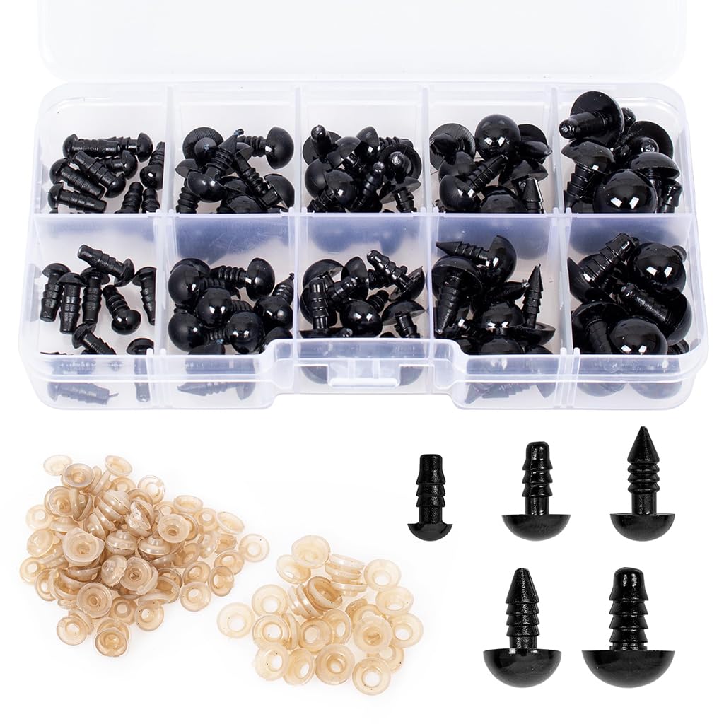 ZIBUYU Safety Eyes for Crochet and Plush Toys 100 pcs 6mm–12mm with Lock Washers | Black Plastic Set in Storage Box