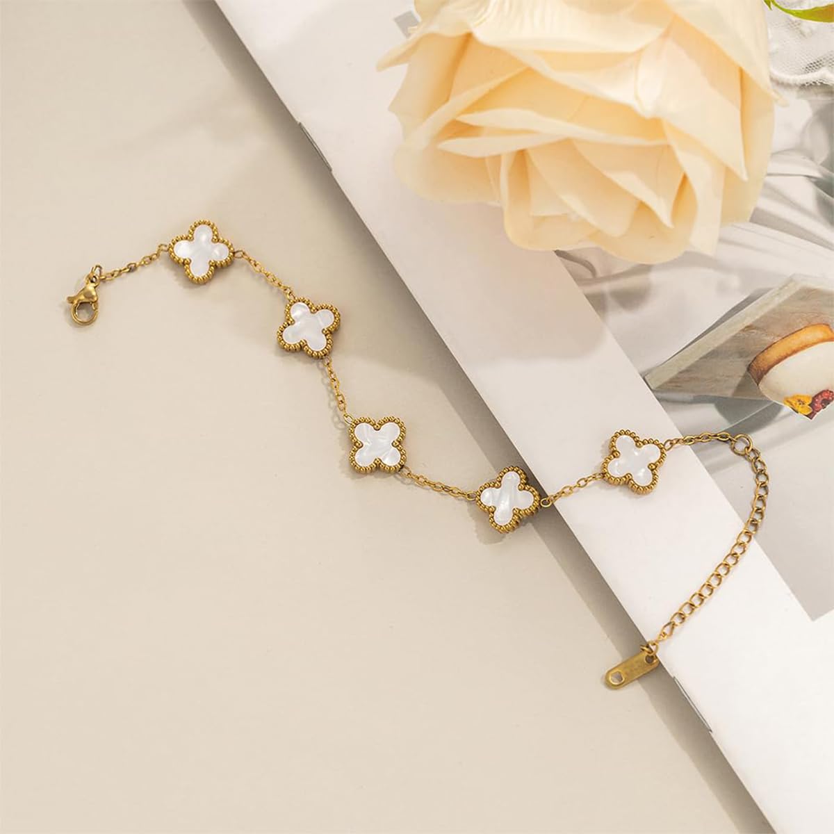 Brand Four Leaf Clover Bracelet for Women with 6.41+1.9 in Adjustable Chain | 18K Gold Plated Stainless Steel Lucky Charm Jewelry