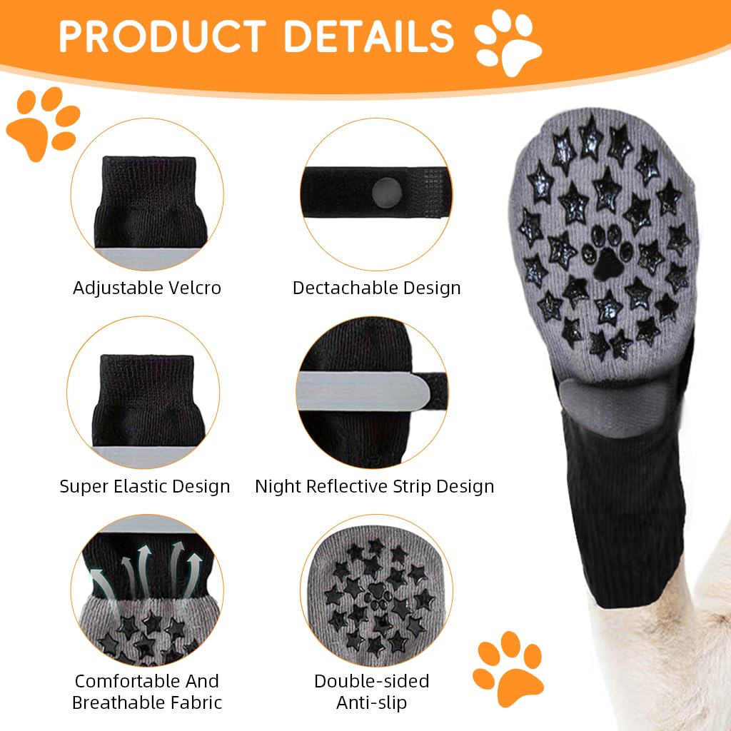Qpets Dog Socks for Paw Protection with Reflective Adjustable Straps and Non Slip Grip | 4pcs 8cm Width Cotton
