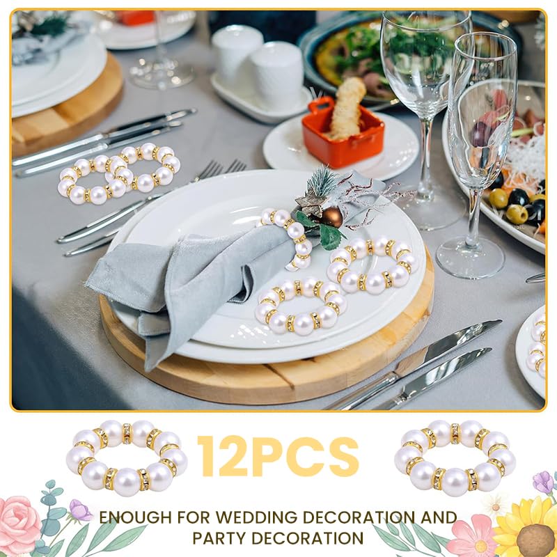 Supvox Napkin Rings for Table Settings featuring Beaded Glossing Pearl Design 12 Pcs Gold
