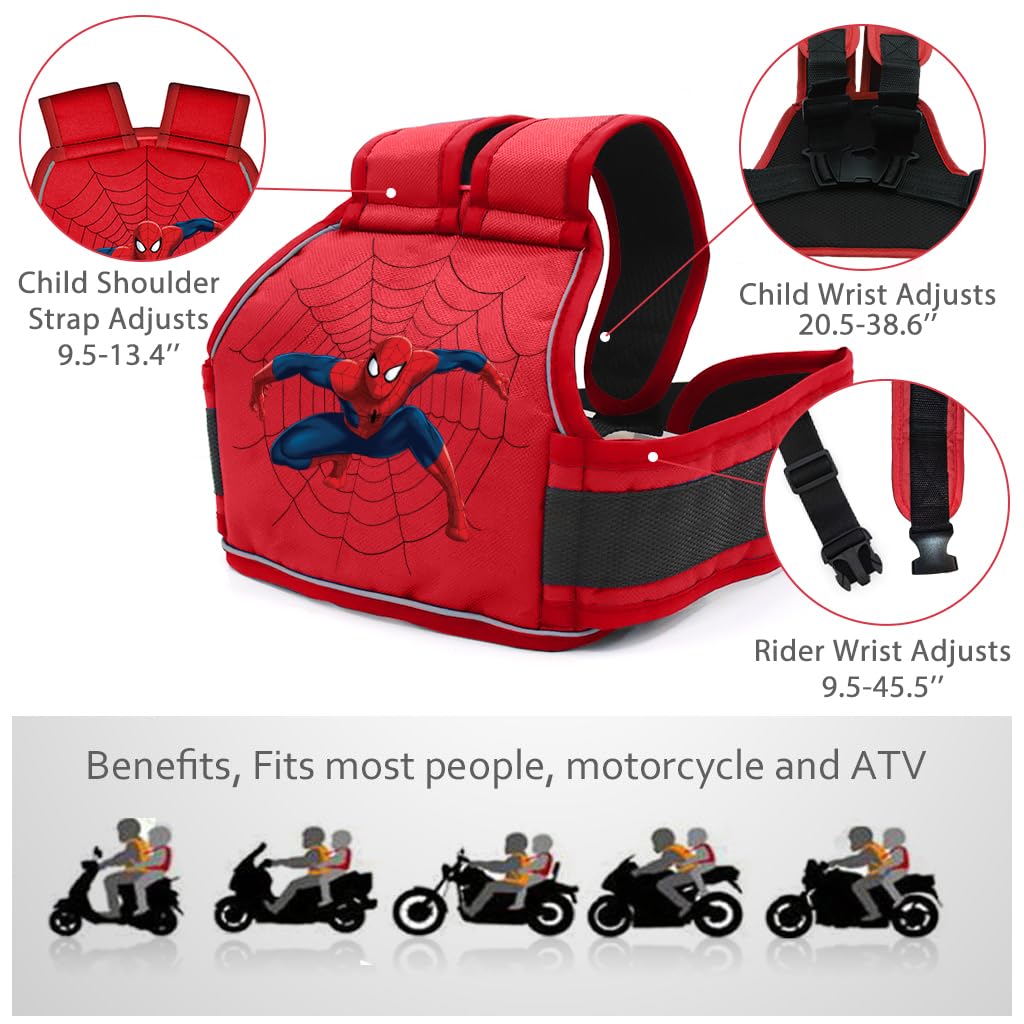 SNOWIE SOFT® Spider-Man Kids Safety Belt for Two Wheeler with Reflective Strips, Portable Car Seat Safety Belt for Kids Bike Scooty, Kids Belt for Bike Ride Harness, Adjustable Safety Harness for Boys