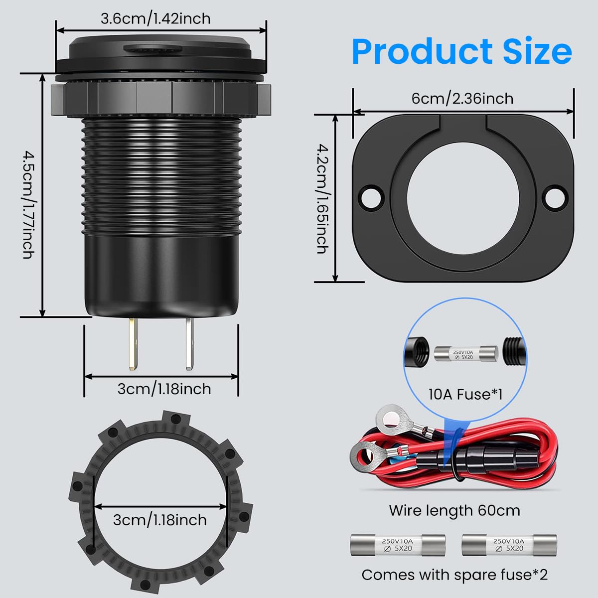 STHIRA® 12V USB Car Socket Charger 3 In 1 PD 30W USB C Fast Charger QC 3.0 USB Charger with LCD Power Display Waterproof Aluminum Alloy Multi Port USB Charger for RV Modification, Motorcycle, Yacht