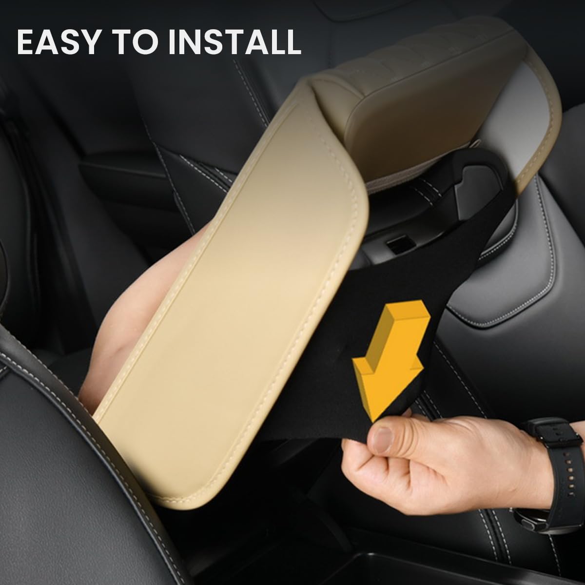 STHIRA Car Armrest Cushion for Center Console with Side Storage Pouch in Beige PU Leather | Ergonomic Support and Universal Fit